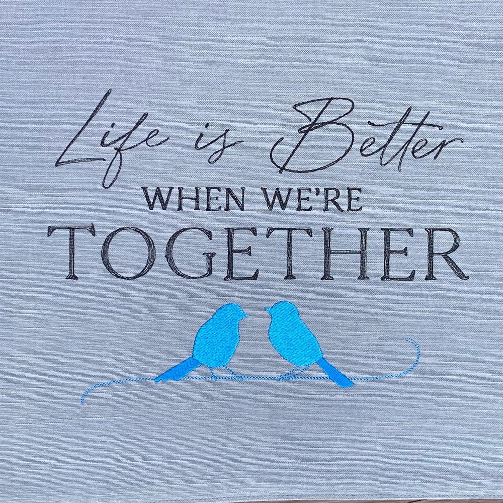 Set of Two Matching Blue Love Birds Quote on Large Gray Placemats